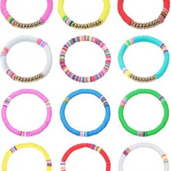 12Pcs Heishi Surfer Bracelets For Women Colorful Friendship Vsco Boho Bead Bracelet Stackable Rainbow Bracelet Polymer Clay Elastic Rope Bracelet Summer Beach Jewelry